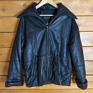 Vintage 90s Black Leather Jacket micro-loft insulated quilted lined size S men’s